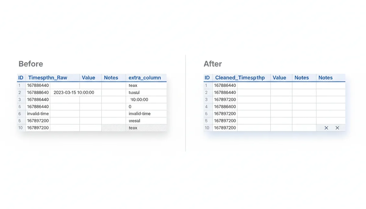 An illustration comparing a 'Before' and 'After' state of a CSV file for timestamp data. The 'Before' section shows a messy table with a 'Timestamp_Raw' column containing mixed Unix timestamps, human-readable dates, blank cells, and malformed text. An 'extra_column' is also present. The 'After' section shows a cleaned table with a 'Cleaned_Timestamp' column containing only normalized Unix timestamps. Rows that had malformed data in the 'Before' state are marked as rejected in the 'After' state, and the 'extra_column' has been removed.
