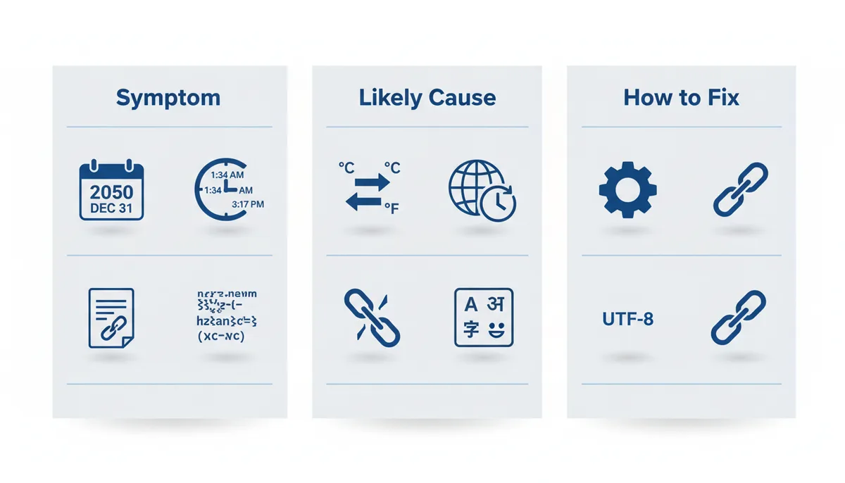 A troubleshooting diagram with three columns: 'Symptom', 'Likely Cause', and 'How to Fix'. It shows four common errors: dates in the distant future, incorrect time, incorrect date due to encoding, and incorrect date due to delimiters, each with its cause and solution represented by icons.
