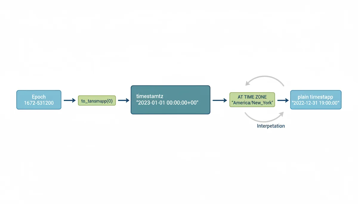 A flow diagram showing PostgreSQL's time zone conversion: Epoch 1672531200 passes through to_timestamp() to become timestamptz '2023-01-01 00:00:00+00', then through AT TIME ZONE 'America/New_York' to become the plain timestamp '2022-12-31 19:00:00'. A reverse arrow shows the operator interpreting wall time back into timestamptz.