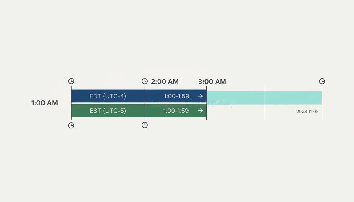 A timeline for 2023-11-05 showing wall-clock time from 1:00 AM to 3:00 AM. The 1:00–1:59 segment is shown twice: a first pass labeled EDT (UTC-4) and a second pass labeled EST (UTC-5), illustrating the ambiguity of the fall-back daylight saving time transition.