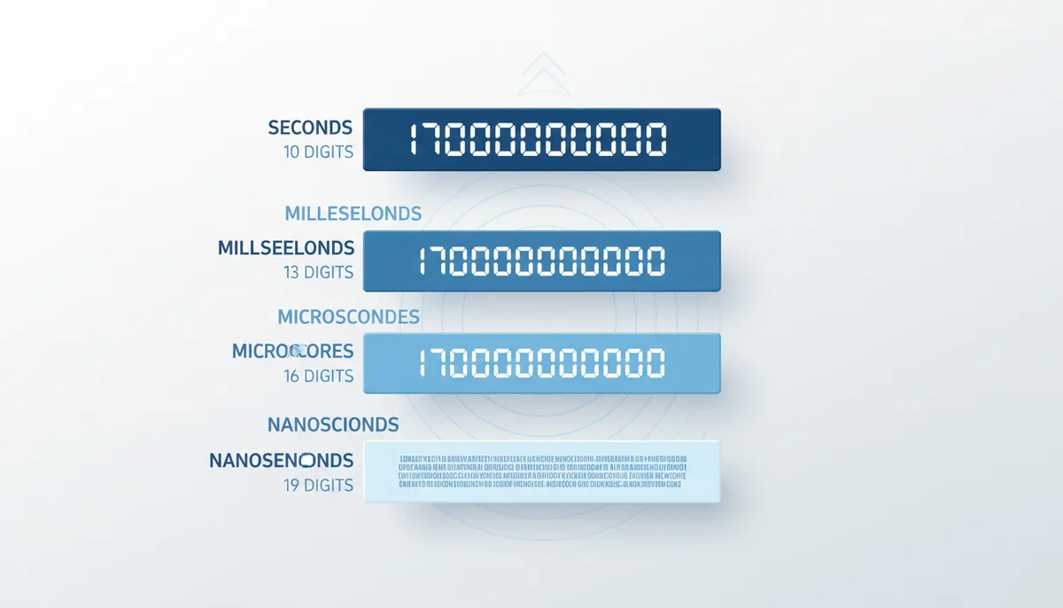 Four stacked digital displays, each showing a timestamp. From top to bottom: '1700000000' labeled 'Seconds (10 digits)', '1700000000000' labeled 'Milliseconds (13 digits)', '1700000000000000' labeled 'Microseconds (16 digits)', and '1700000000000000000' labeled 'Nanoseconds (19 digits)'.