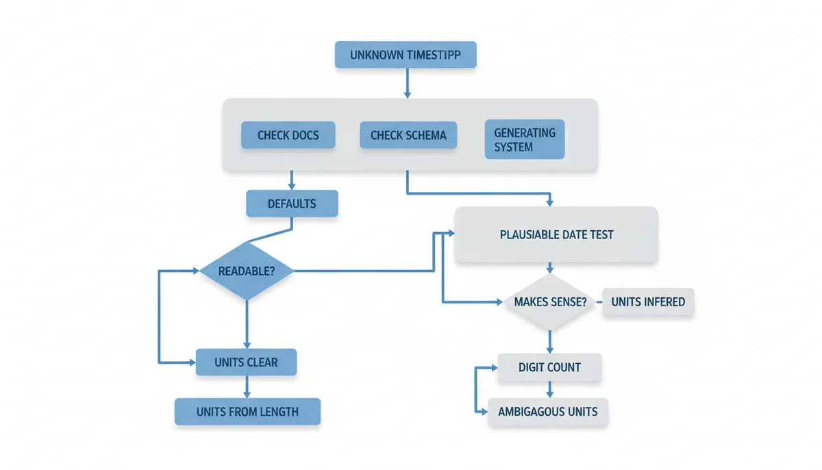 A decision tree flow chart showing steps to determine a timestamp's unit. It begins with 'Unknown Timestamp', moving through 'Check Documentation', 'Check Schema/Log Format', 'Identify Generating System (Defaults)', 'Plausible Date Test', and finally 'Digit Count' as a tiebreaker, leading to a 'Concluded Unit'.