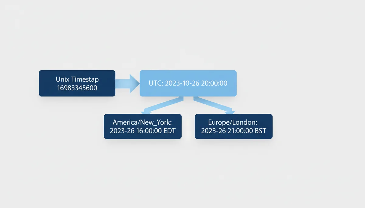 A flow diagram showing a Unix timestamp converting to a UTC date and time, which then branches into two different local times for New York and London, illustrating the time zone conversion.