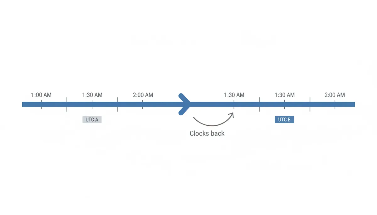 A timeline showing how 1:30 AM appears twice during a Daylight Saving Time 'fall back' transition, with each instance linked to a different underlying UTC timestamp.