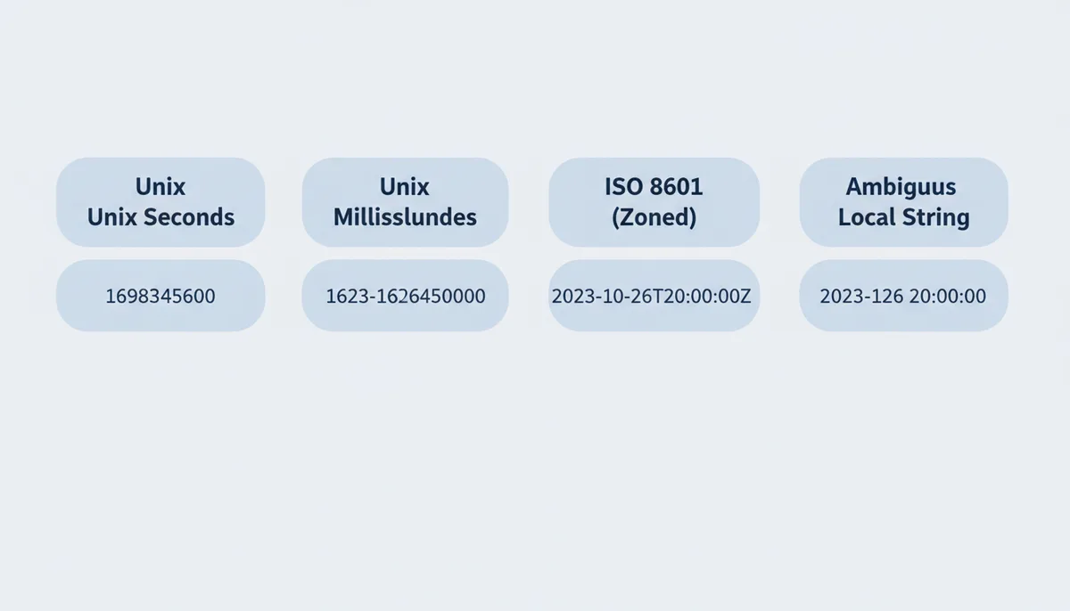 A comparison chart showing four different representations of the same moment in time: a Unix timestamp in seconds, a Unix timestamp in milliseconds, an ISO 8601 string with a 'Z' for UTC, and an ambiguous local time string without time zone information.