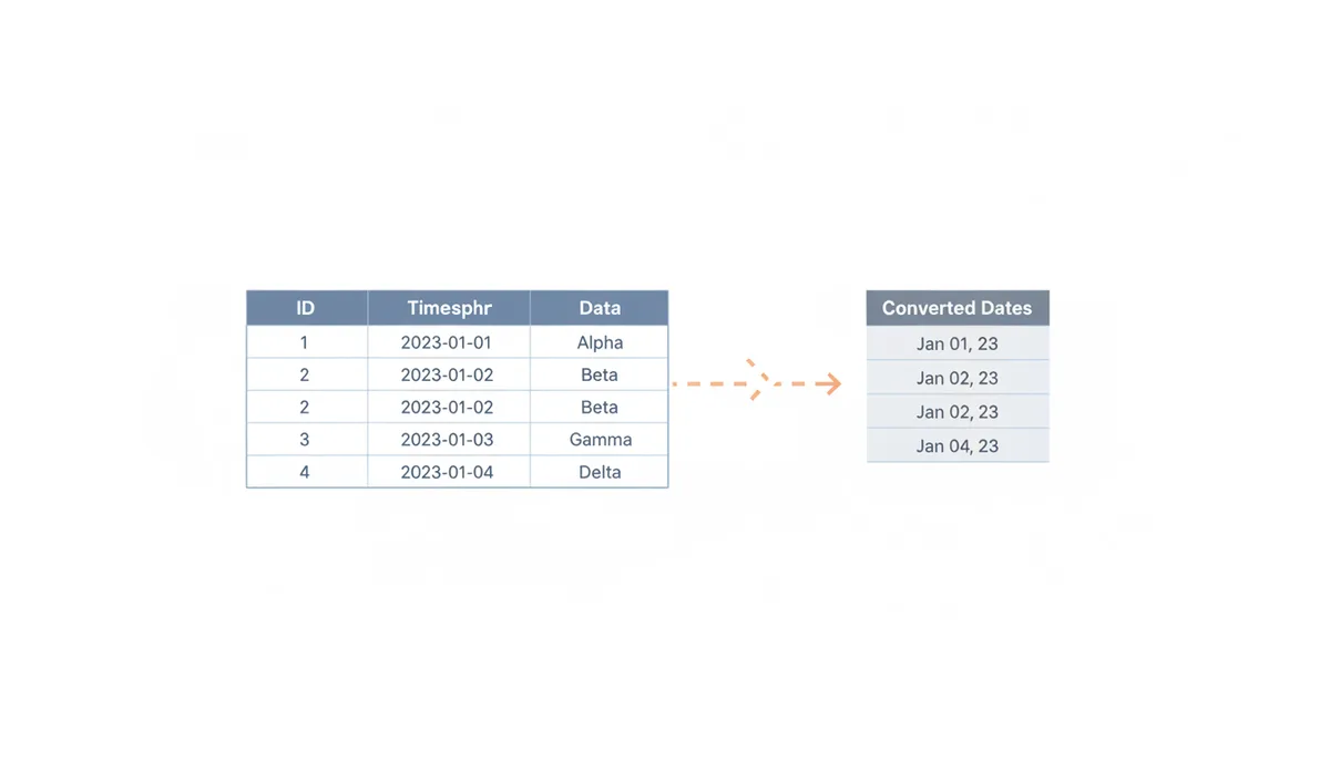 An illustration contrasting two data representations. On the left, a table with columns for ID, Timestamp, and Data, showing row integrity. On the right, a disconnected list of 'Converted Dates' with no clear link back to the original rows, visually emphasizing the loss of row context.
