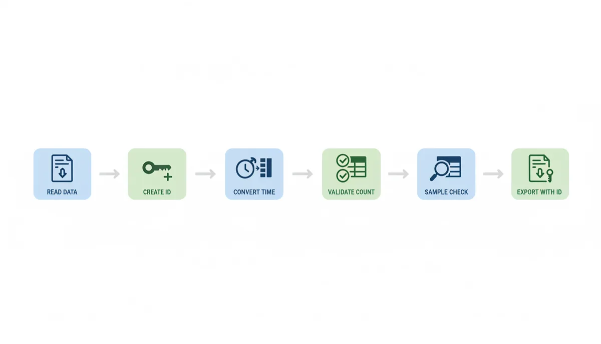 A workflow diagram illustrating data processing steps: read data, verify/create unique row ID, convert timestamp into a new column, validate row count and ID uniqueness, sample-check converted values, and export with original ID intact. Each step is represented by a distinct icon and connected by arrows.