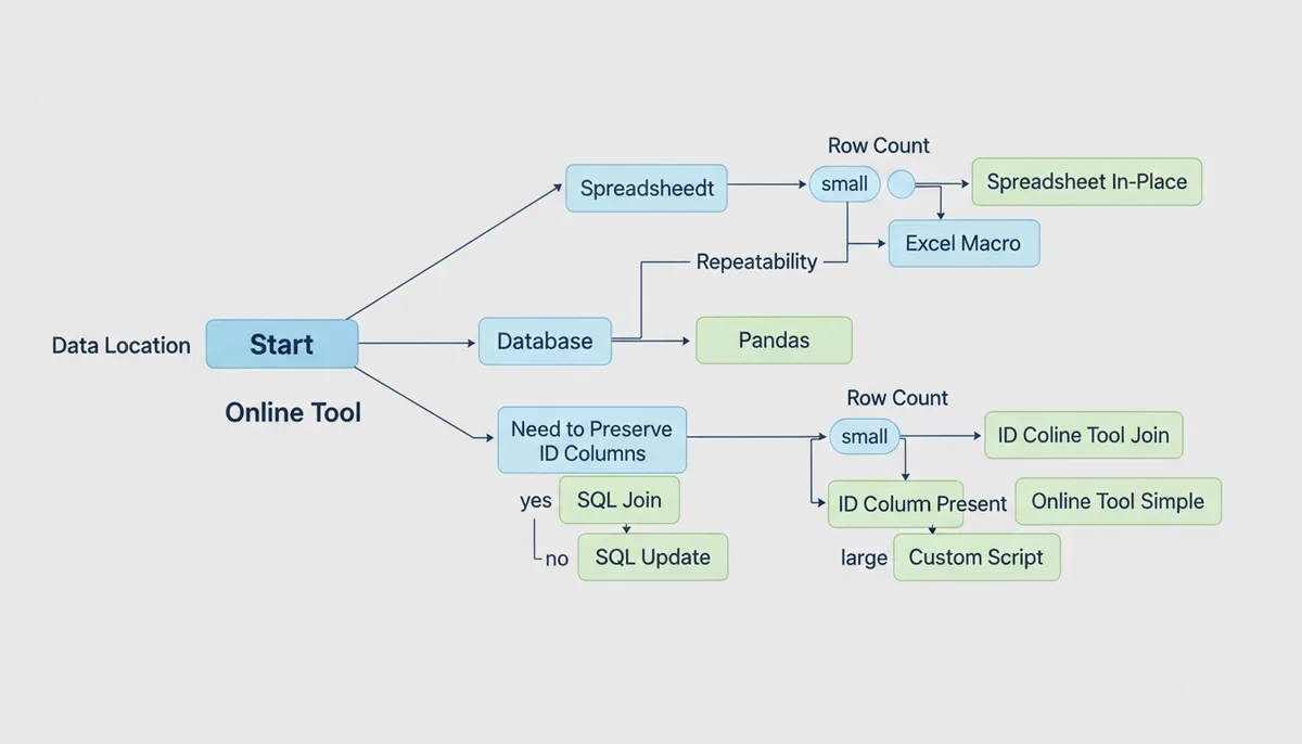 A flowchart showing a decision tree for choosing a timestamp conversion method. It branches based on data location, row count, repeatability, and whether ID columns need to be preserved, leading to recommendations like spreadsheet, Pandas, SQL, or online tools.