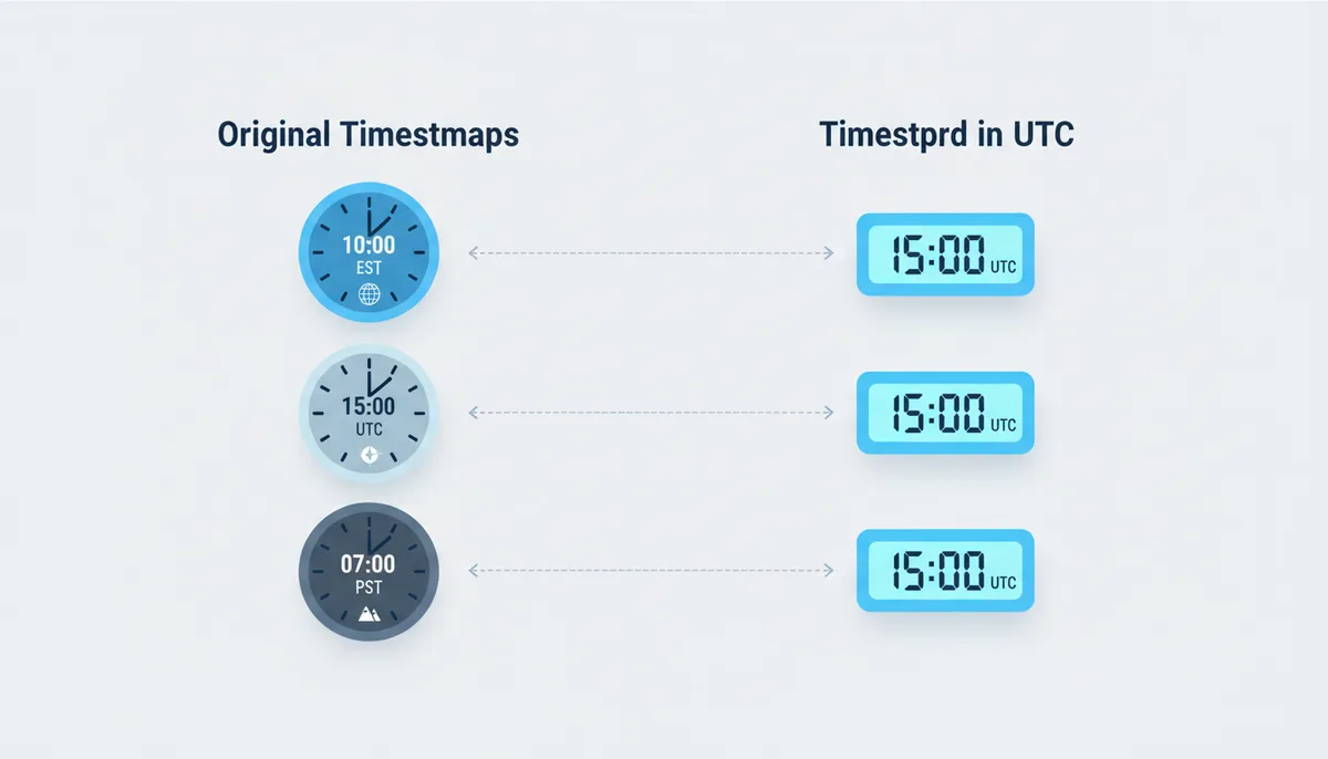 A before-and-after visual comparison of timestamps. On the left, three distinct clock faces are shown, each with a different time and timezone label (e.g., '10:00 EST', '15:00 UTC', '07:00 PST'). On the right, three identical digital clock displays show the corresponding, unified UTC time for each of the original timestamps, illustrating the normalization process.