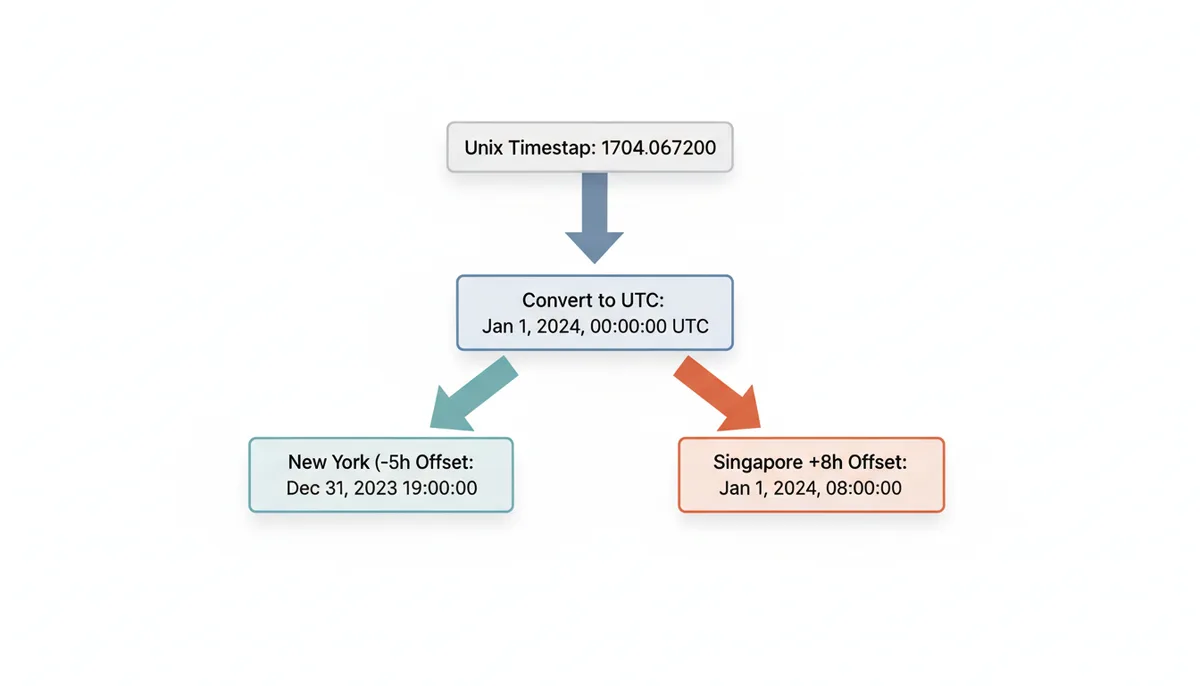 Flow diagram showing Unix timestamp 1704067200 converting to UTC time (Jan 1, 2024, 00:00:00 UTC), then branching to show New York local time (Dec 31, 2023, 19:00:00 with -5h offset) and Singapore local time (Jan 1, 2024, 08:00:00 with +8h offset).