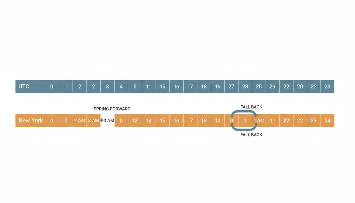 An illustration showing two parallel timelines. The top timeline represents UTC, with hours 0 through 23 progressing linearly. The bottom timeline represents New York local time, also showing hours 0 through 23. In the spring section of the New York timeline, an hour is visibly skipped. In the fall section, an hour is visibly repeated. This visually demonstrates the impact of Daylight Saving Time transitions on local time relative to UTC.