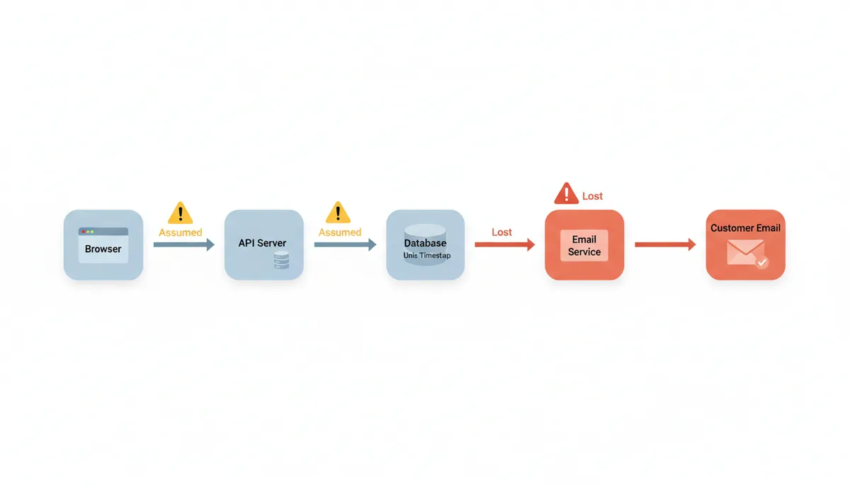 Data flow diagram showing an order moving from Browser to API Server, then to a Database storing a Unix timestamp, then to an Email Service, and finally to a Customer Email. Specific points in the flow are marked where timezone information was lost or incorrectly assumed, leading to errors.