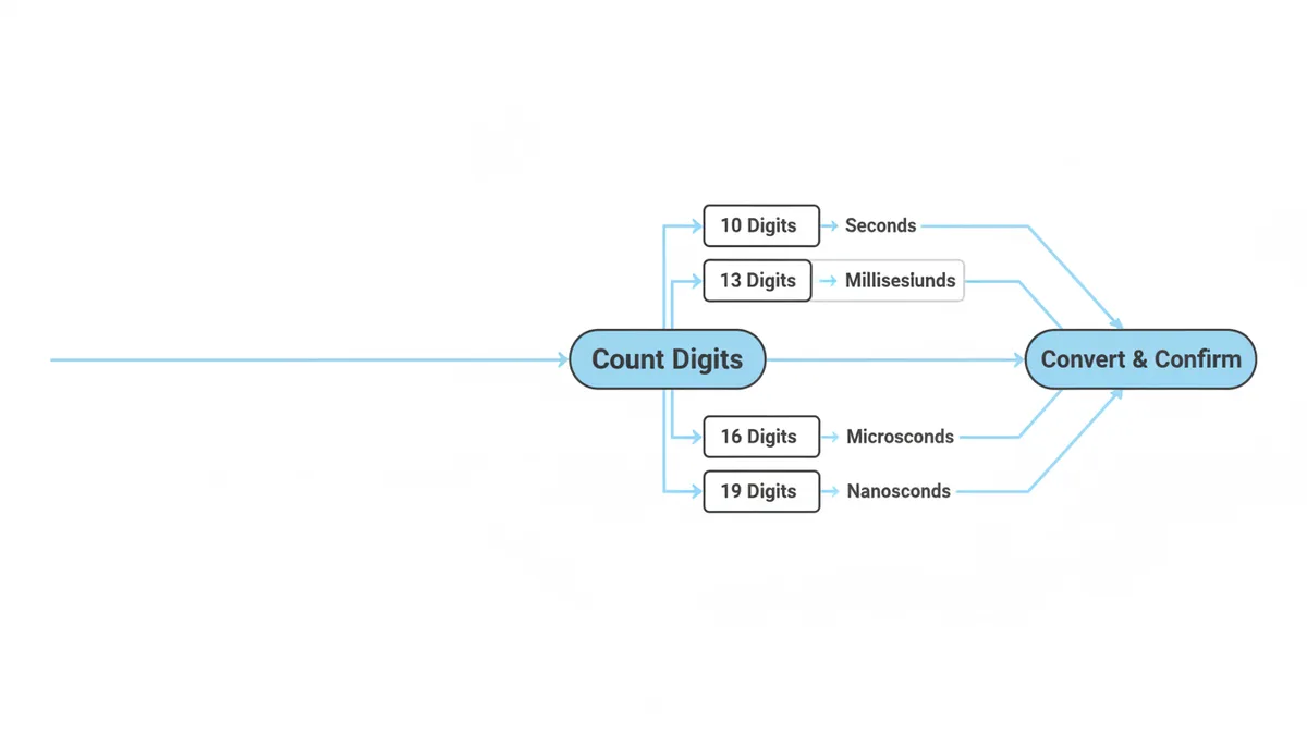A decision flow diagram. A central box says 'Count Digits'. Arrows lead to four boxes: '10 Digits → Seconds', '13 Digits → Milliseconds', '16 Digits → Microseconds', and '19 Digits → Nanoseconds'. Each of these leads to a final box labeled 'Convert & Confirm'.