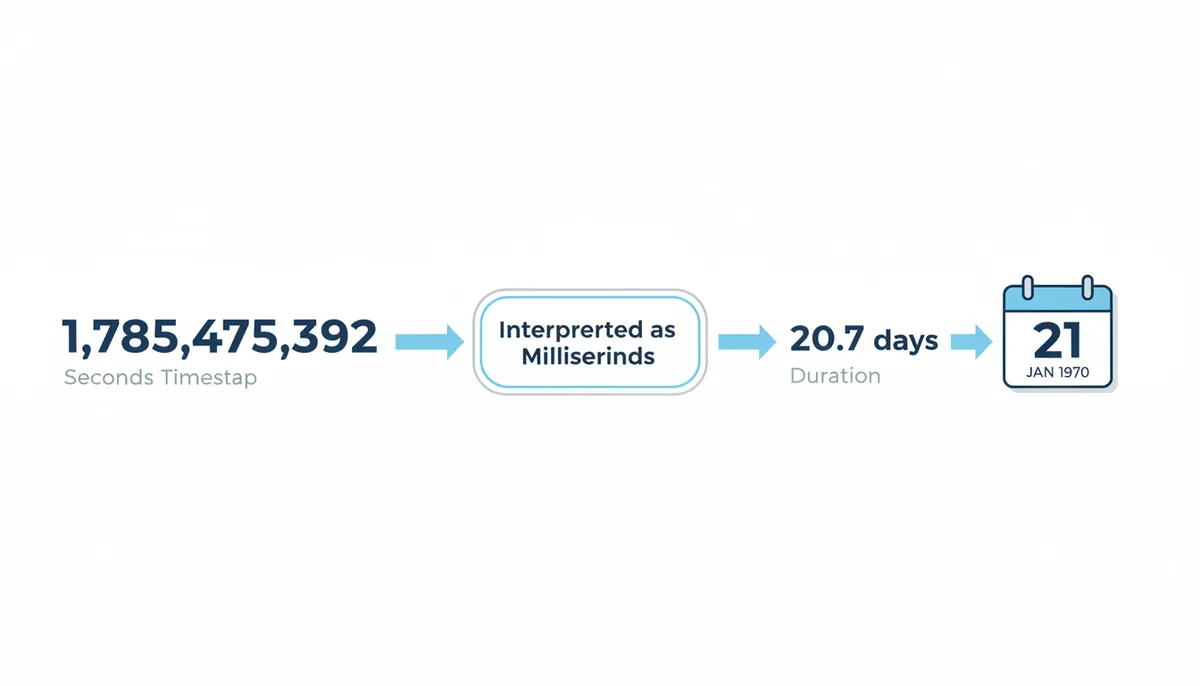 A diagram showing the '1970 error'. A box on the left contains '1,785,475,392' labeled 'Seconds Timestamp'. An arrow points to a thought bubble labeled 'Interpreted as Milliseconds'. Another arrow points to '20.7 days', which then points to a calendar icon displaying 'Jan 21, 1970'.