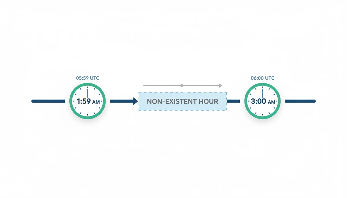 A timeline illustrating the 'spring forward' Daylight Saving Time transition. It shows local time progressing from 1:59 AM, then a distinct gap labeled 'Non-existent hour', followed by 3:00 AM. Corresponding UTC timestamps are shown above, demonstrating the jump in time.