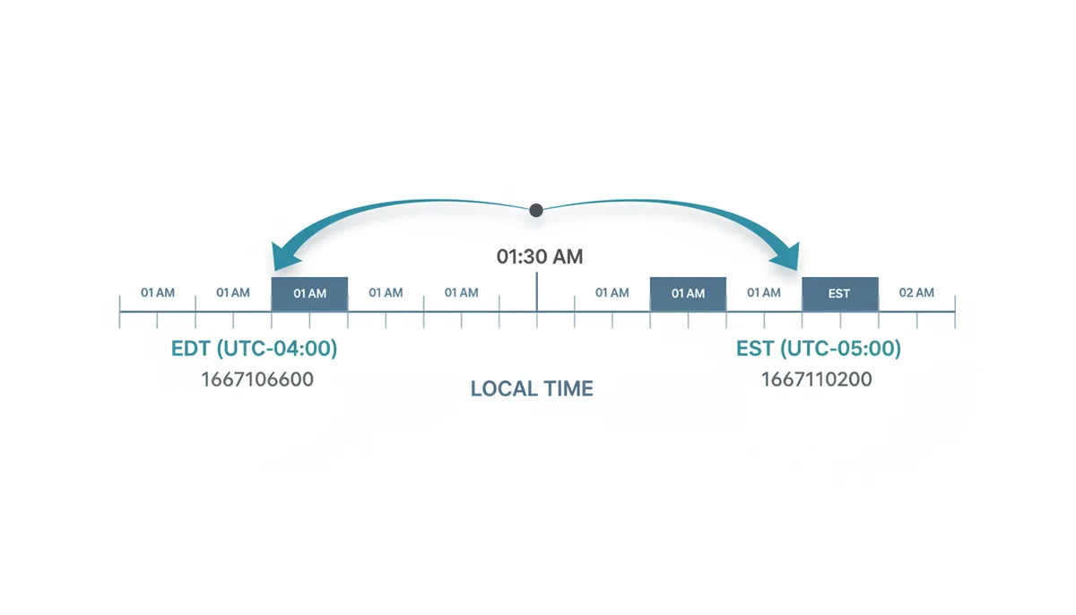 A timeline illustrating the 'fall back' Daylight Saving Time transition. It shows the hour from 1 AM to 2 AM occurring twice, once as EDT and once as EST. A single local time of 1:30 AM is shown branching to two different points on the timeline, each with a distinct Unix timestamp, highlighting the ambiguity.