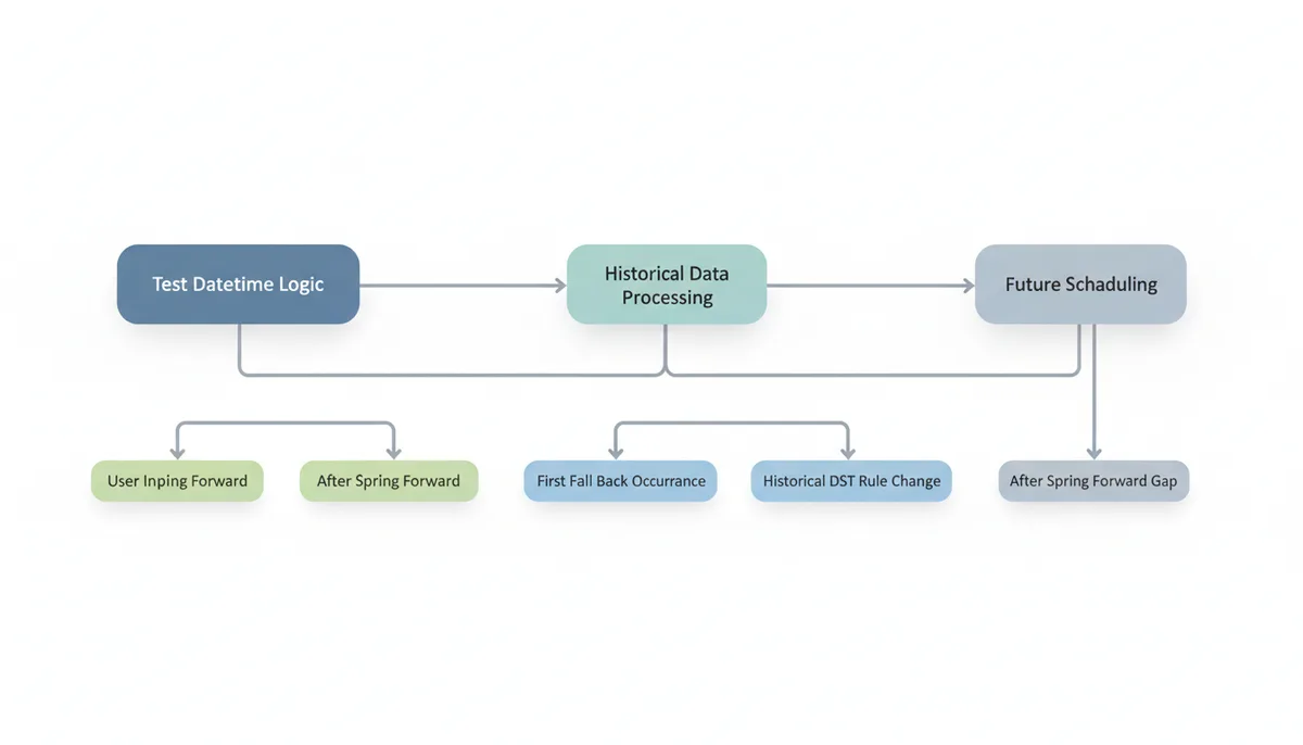 A decision tree flowchart for testing datetime logic. It branches into 'User Input Handling', 'Historical Data Processing', and 'Future Scheduling'. Specific test cases like 'In Spring Forward Gap' and 'First Fall Back Occurrence' are listed under these branches.