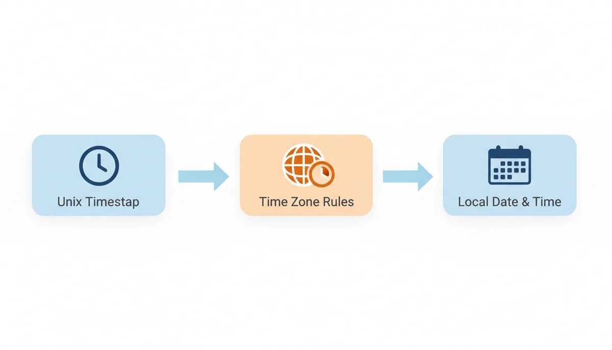 A flow diagram showing a block for 'Unix Timestamp' connected by an arrow to 'Time Zone Rules', which is then connected by an arrow to 'Local Date & Time'.