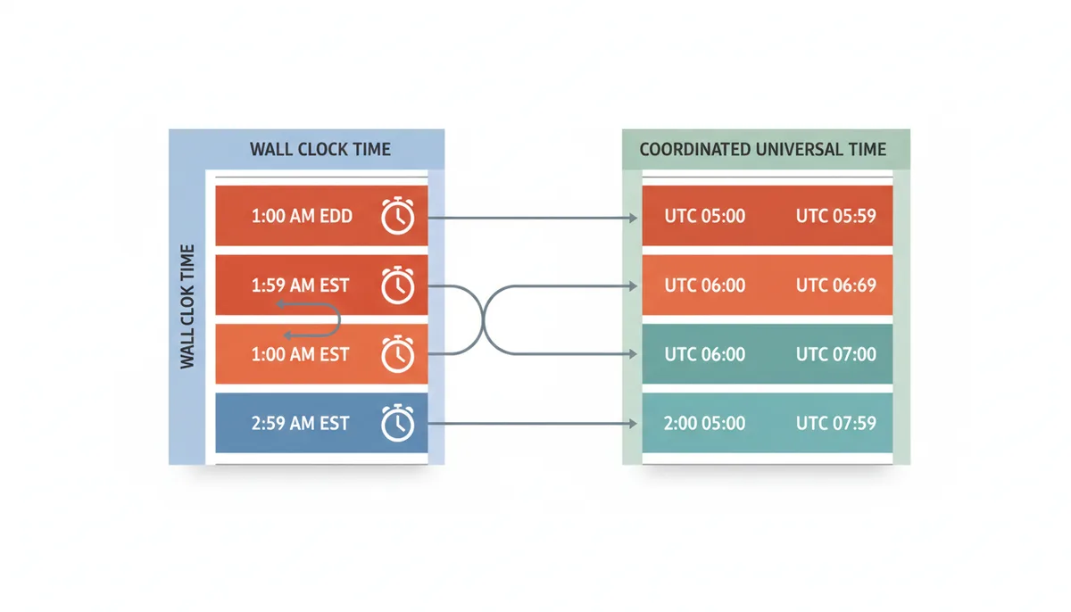 A vertical diagram showing a 'Wall Clock Time' column with '1:00 AM EDT' and '1:00 AM EST' appearing sequentially. Adjacent to it, a 'UTC Time' column shows 'UTC 05:00' corresponding to the EDT hour and 'UTC 06:00' corresponding to the EST hour, illustrating the ambiguous hour during fall DST.