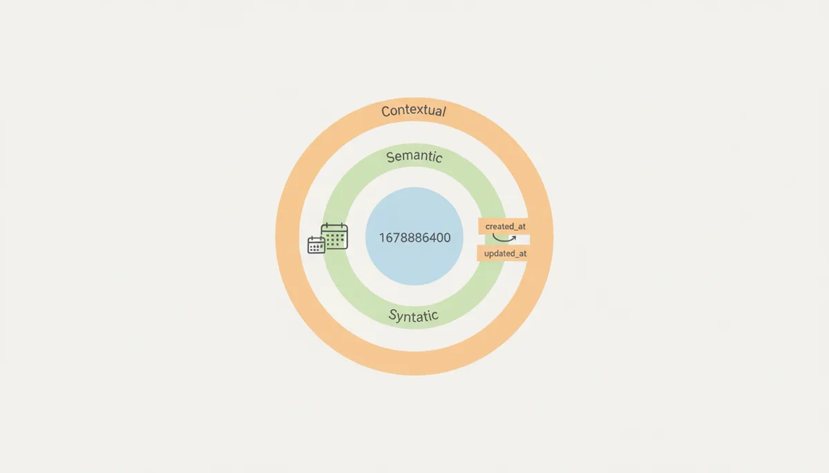 Three concentric circles. The innermost is labeled 'Syntactic' with a number. The middle is 'Semantic' with a calendar icon. The outermost is 'Contextual' with two interconnected boxes labeled 'created_at' and 'updated_at'.