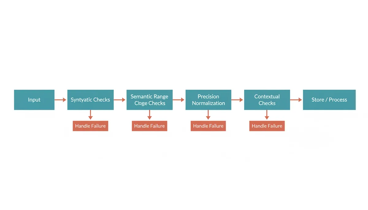 A flowchart showing the timestamp validation process. Steps include 'Input', 'Syntactic Checks', 'Semantic Range Checks', 'Precision Normalization', and 'Contextual Checks', leading to 'Store / Process'. Each validation step has a branch to 'Handle Failure'.